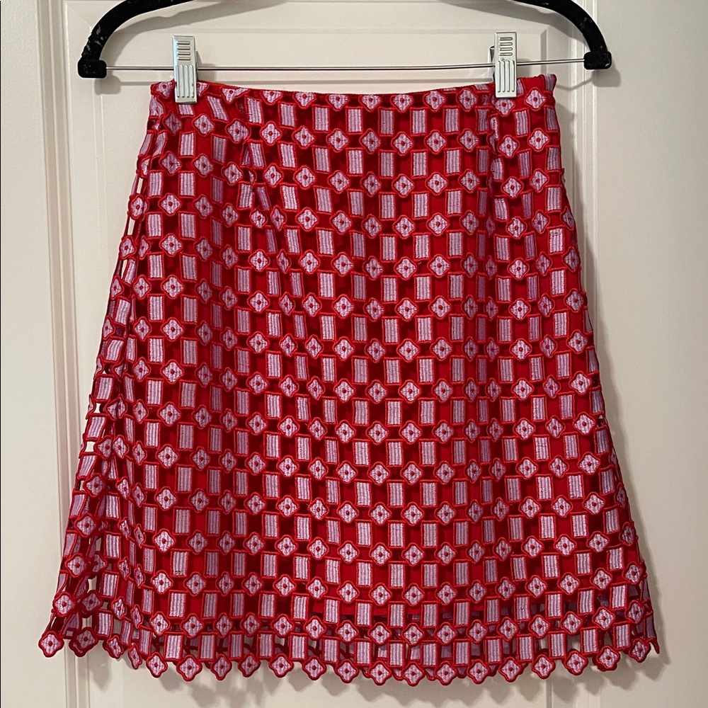 EUC! Sandro Red and Lilac Purple Lace Mini Skirt, Size Small (Size 1) - Picture 2 of 6